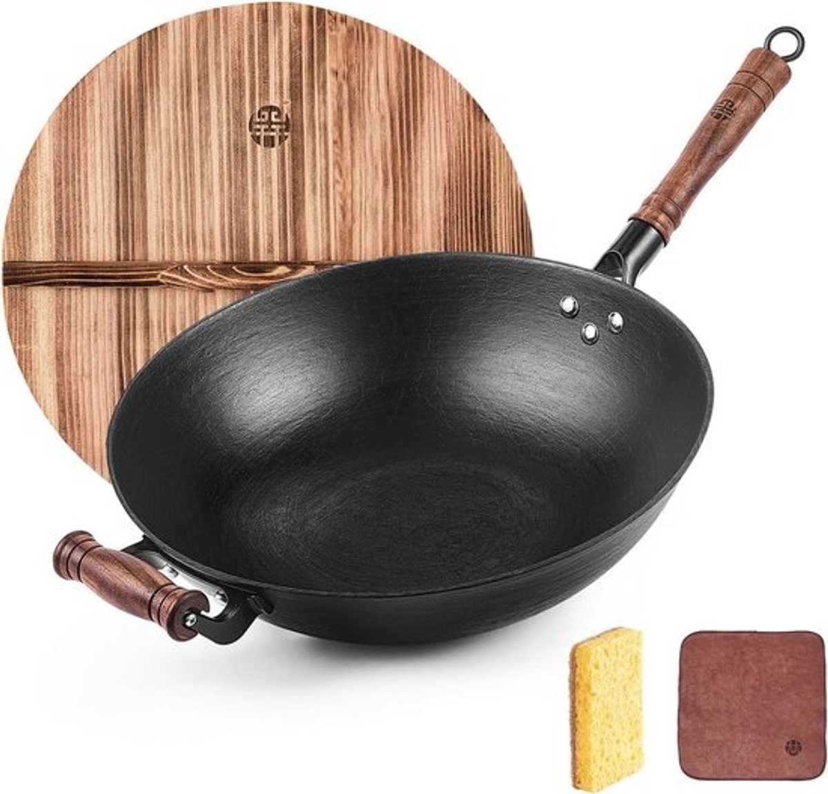 Handgemaakte gietijzeren wok 12.6 inch voor traditionele Chinese gerechten
