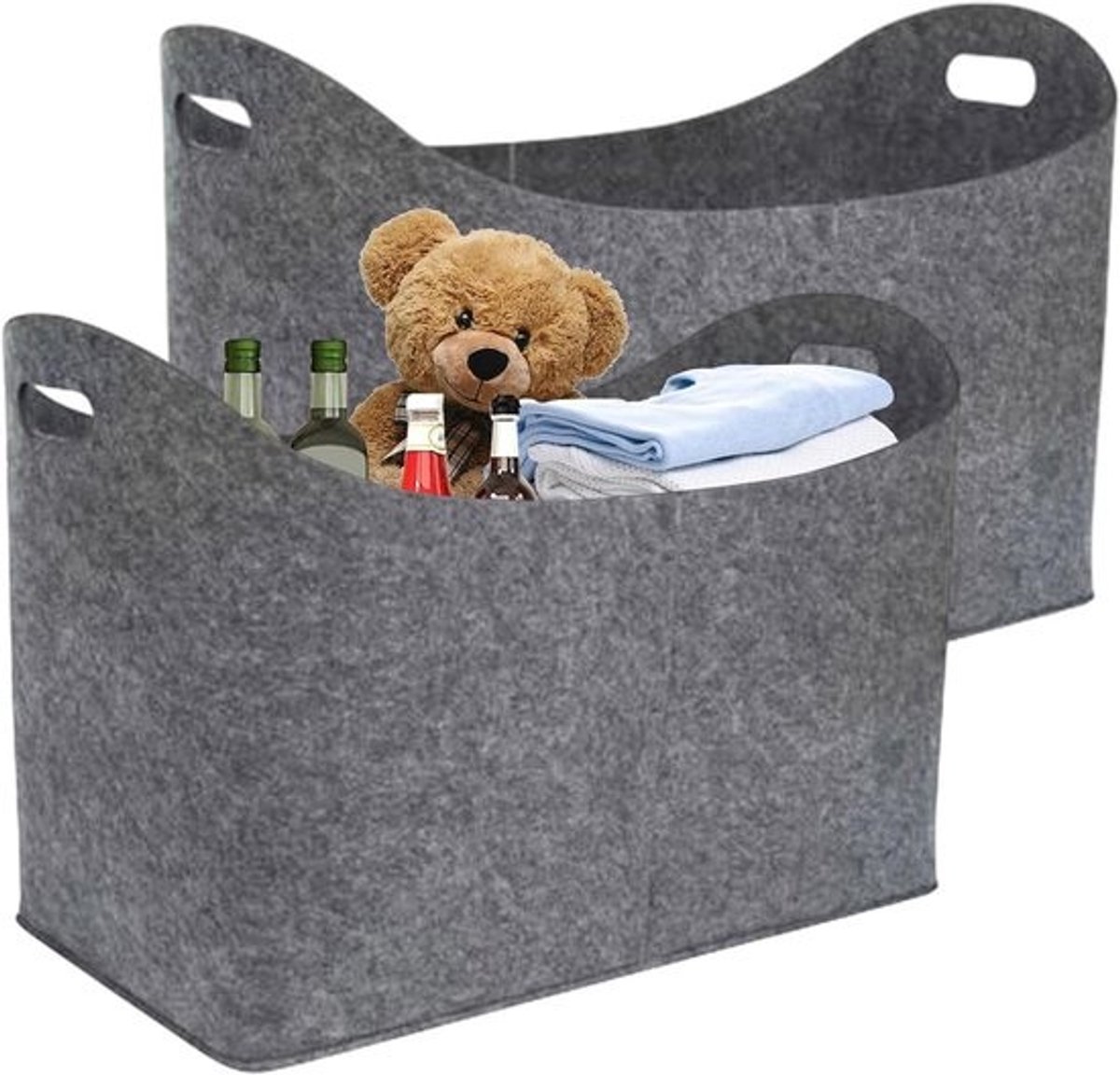 Brandhoutmand van vilt, brandhouttas van vilt, set van 2 opbergmanden van hout, opvouwbare houten houder, thuisspeelgoedorganizer met draaggreep voor kleding, speelgoed