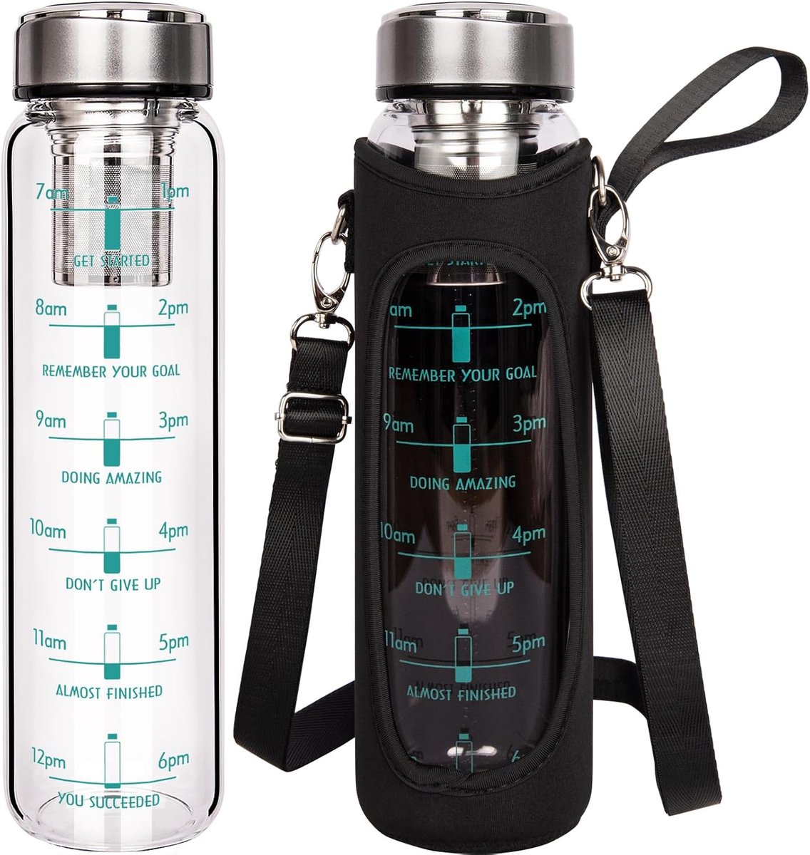 1 liter / 1000 ml glazen waterfles met tijdmarkeringen, 1 liter theedrinkfles met roestvrijstalen infuser voor losse theeblaadjes, koude koffie