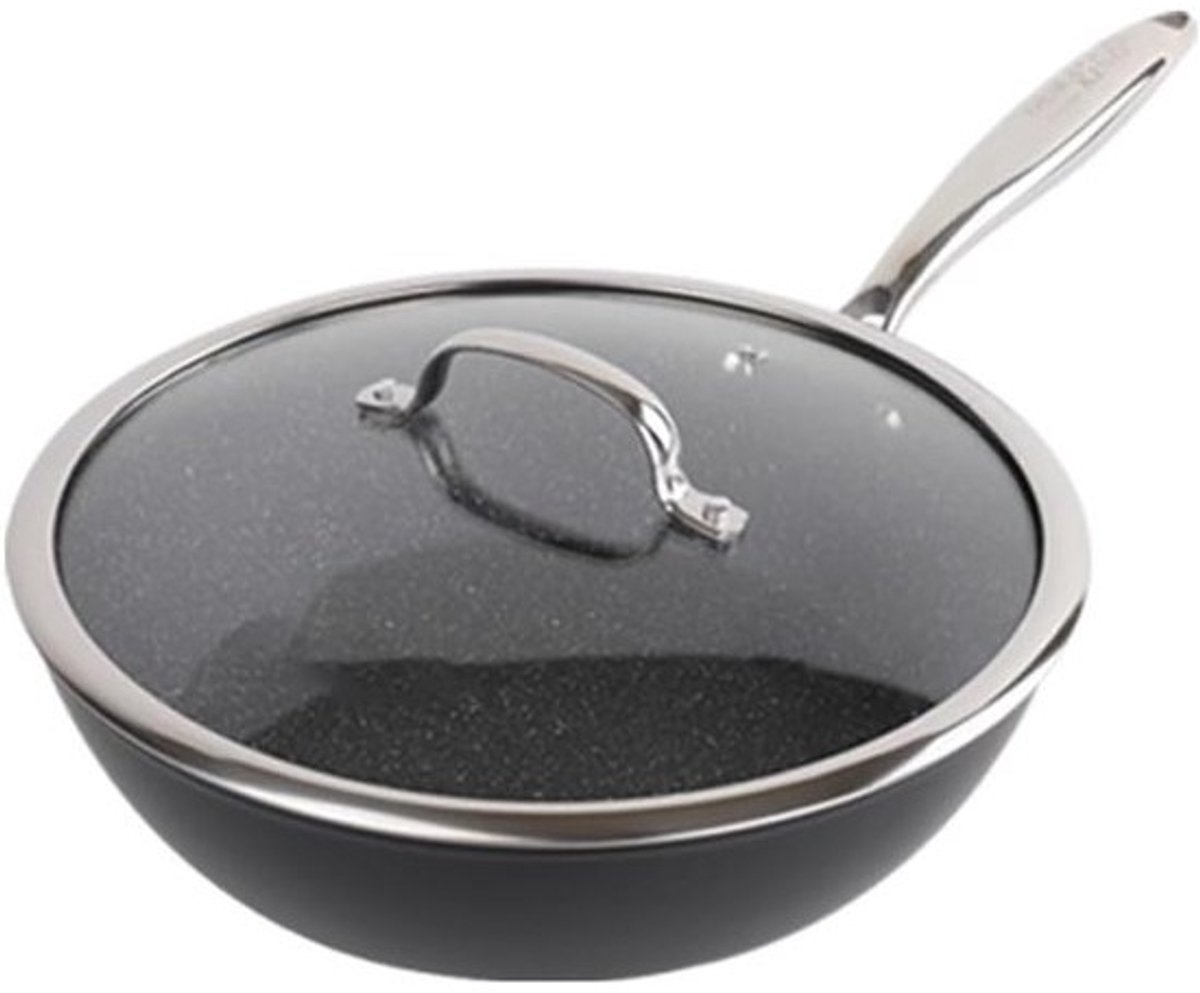 Wokpan Koolstofstaal - Roerbakpan Antiaanbak - Inductie Koken - Vlakke Bodem - 28cm Diameter