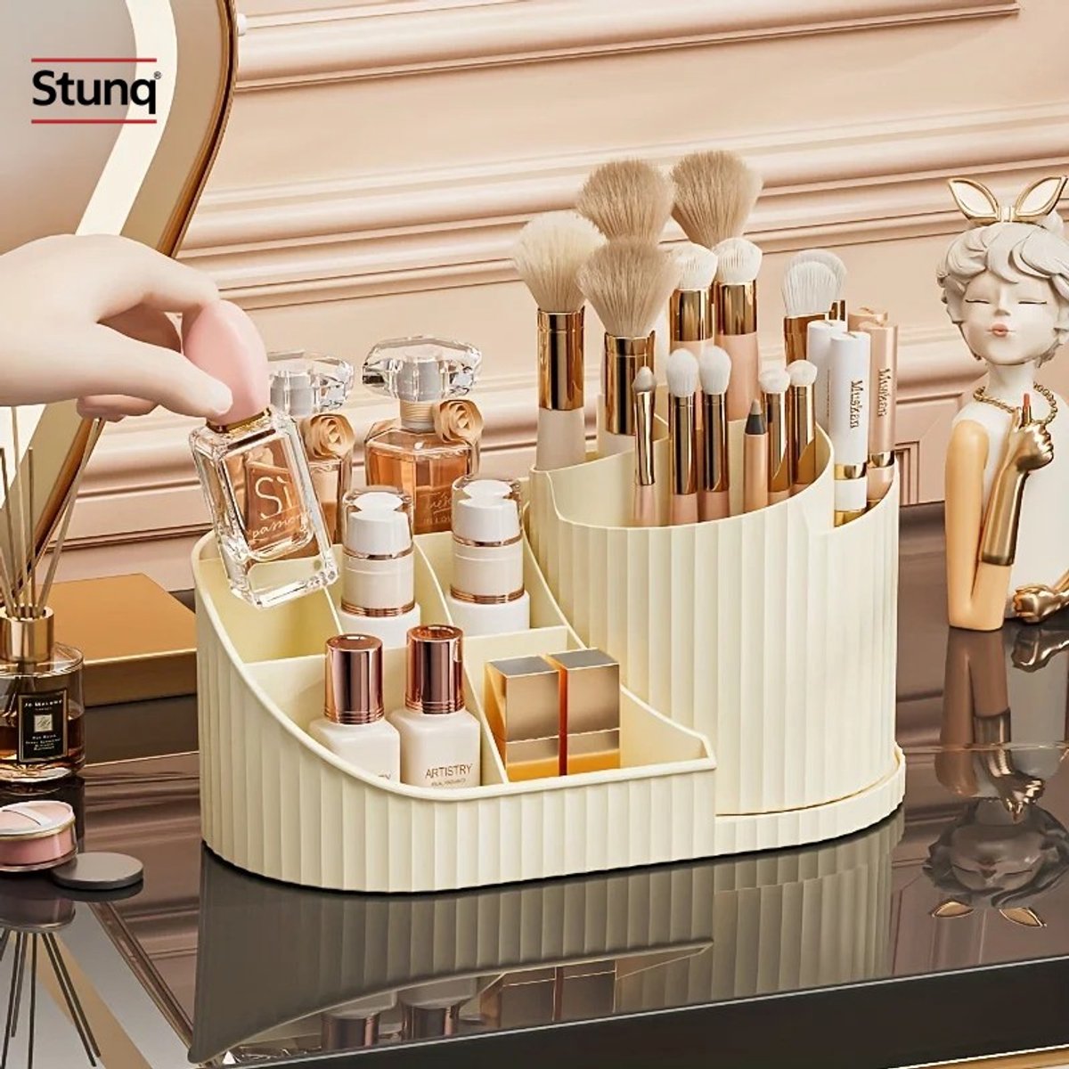 Stunq® 360° draaibare make-up organizer crème – cosmetica opbergdoos met vakken voor kwasten en lippenstift