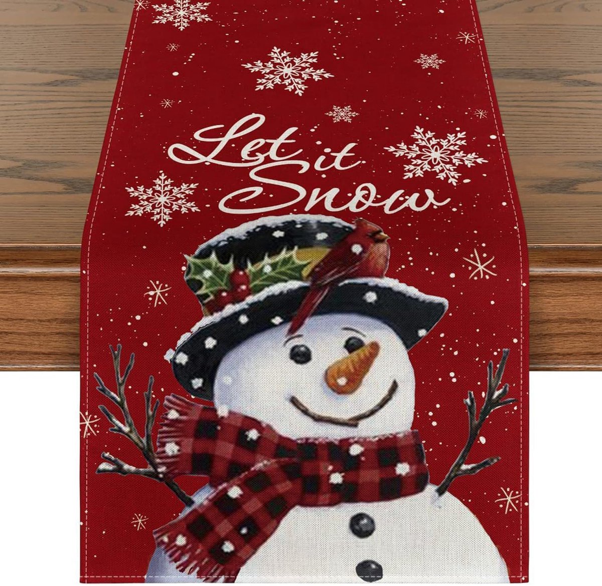 Tafelloper met sneeuwpop, winter, kerstdecoratie, jute, tafeldecoratie, Kerstmis, tafeldecoratie, Kerstmis, 40 x 140 cm, rode sjaal