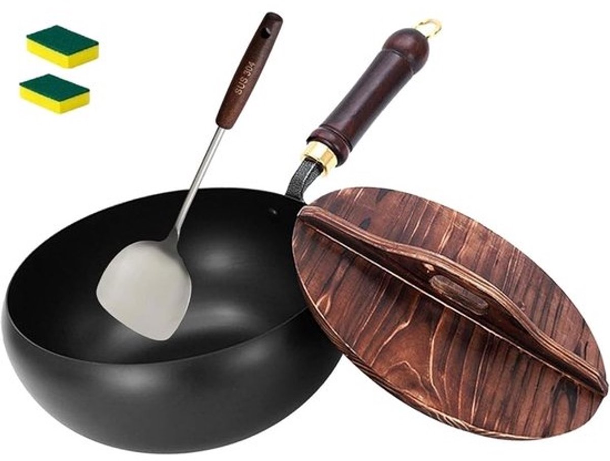 IJzeren wokpan - Roerbakpan anti-aanbak - Authentiek roerbakken - Handgesmeed duurzaam ijzer - 24 cm diameter