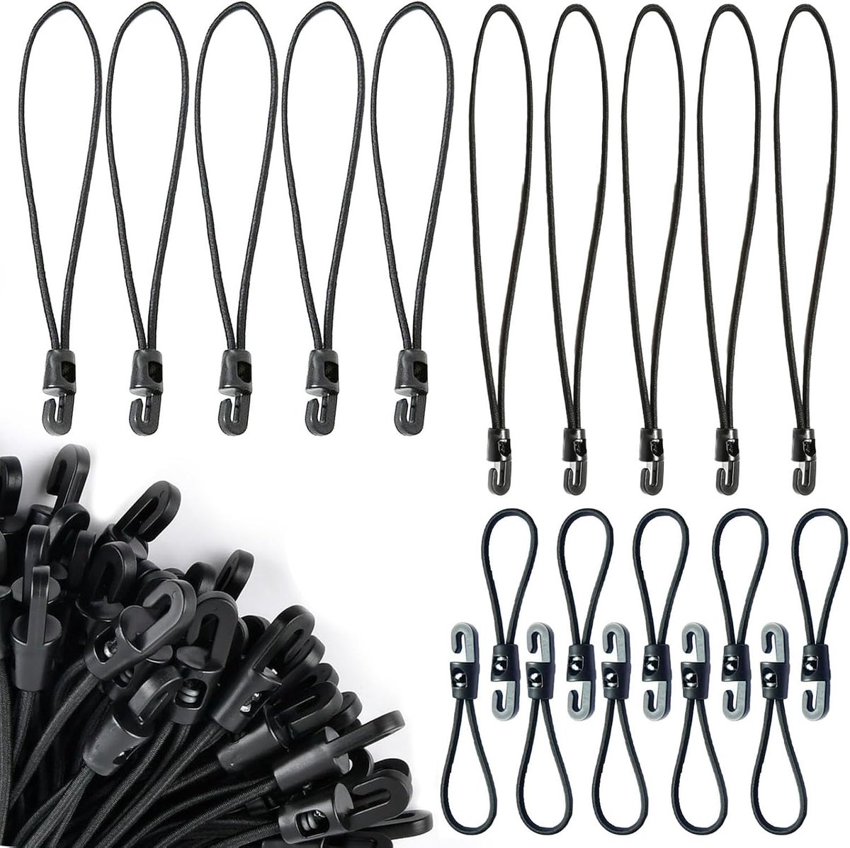 Koorden met haken 20 stuks - kleine bungee-riemen voor het vastzetten van tarp bagage tenten fietsen tuin organisatie verkrijgbaar in 3 verschillende lengtes bungees met haken