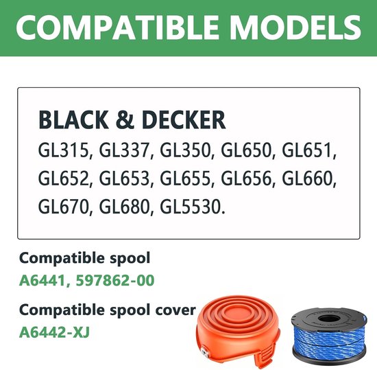 Draadspoel compatibel met Black Decker A6441 met A6442-XJ doppen, reservedraadspoel voor GL315, GL337, GL350, GL650, GL651, GL652, GL653, GL655, GL656, GL660, GL670, GL670 680, 680 — afbeelding 3