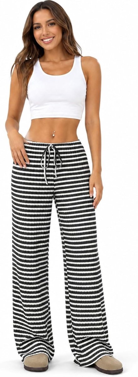 Gestreepte Wijde Broek Dames Geribd Spandex Lente Zomer