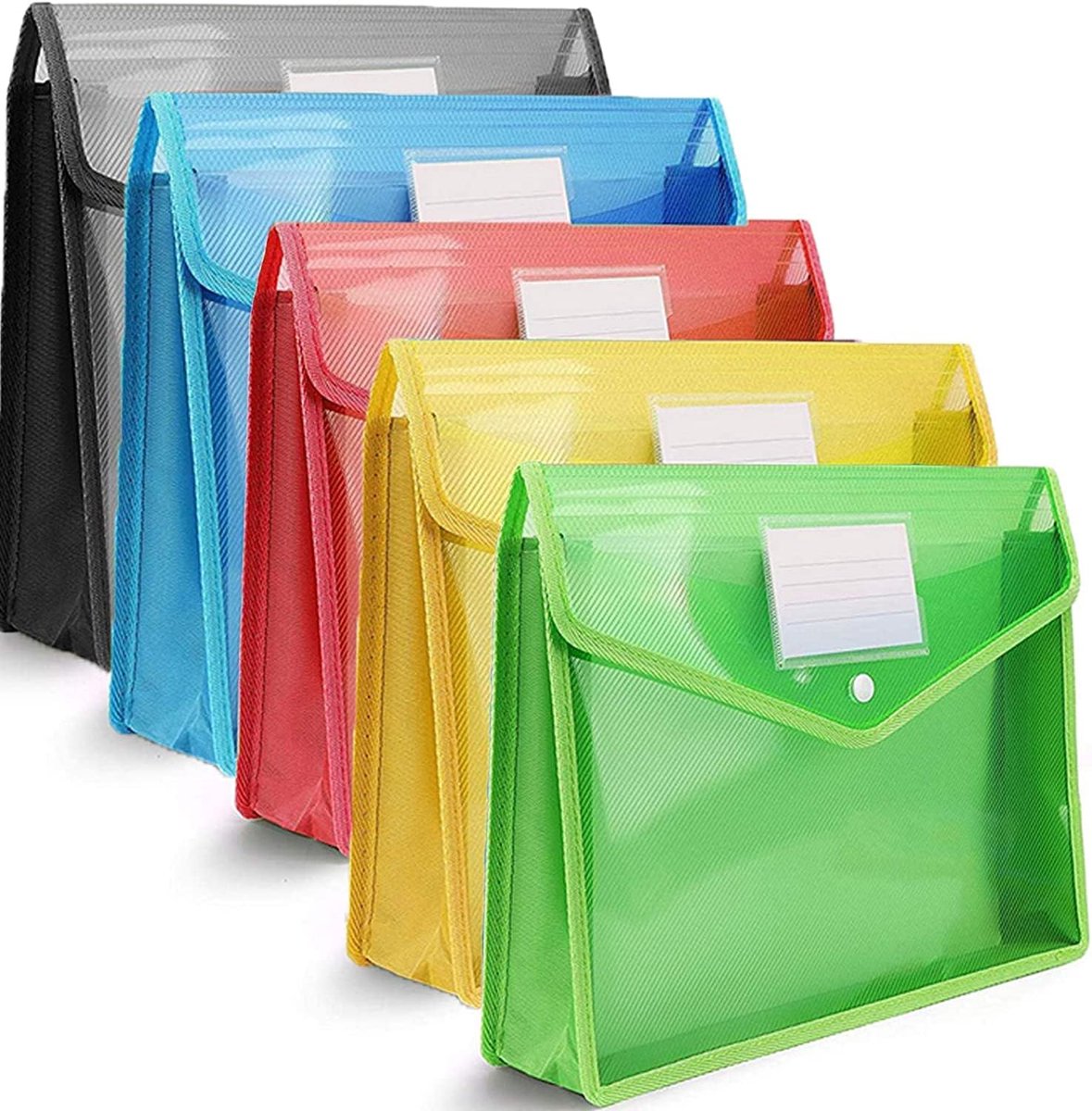 Plastic Portemonneemappen met Popper - Documentzakken met Knop A4 Plastic Envelopportemonnees Bestanden A4 voor School Office Home - 5 stuks - Rood Blauw Geel Groen Zwart