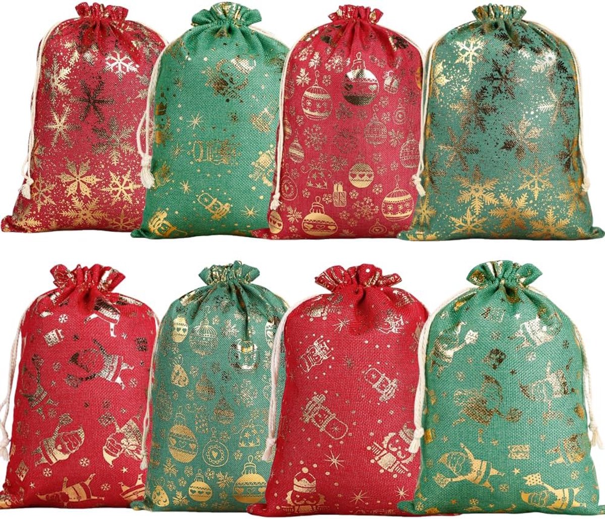 8 STKS Kerst Trekkoord Geschenkzakken, 30x40cm Folie Stempelen Kerst Jute Tassen, Grote Linnen Treat Candy Bag, Inpakzakken Geschenkzakjes Opbergtas voor Xmas Party Gunst Vakantie Cadeaus