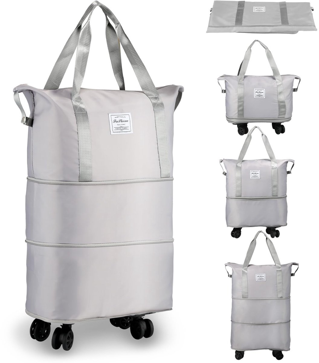 Reistas met wielen - Uitbreidbare, opvouwbare handbagage met wielen - Grote weekendtas (grijs)