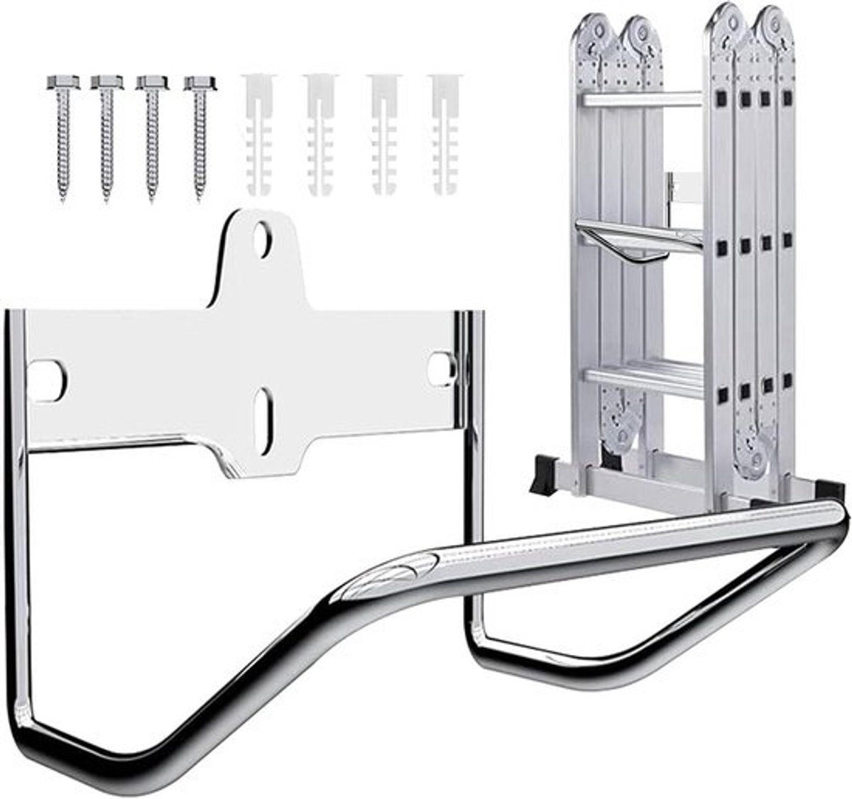 Ladder Wandhouder - Ladderhaak Organizer - Gereedschap Ophangen - Roestvrij Staal - 21 x 20 x 11 cm - Zilverkleurig