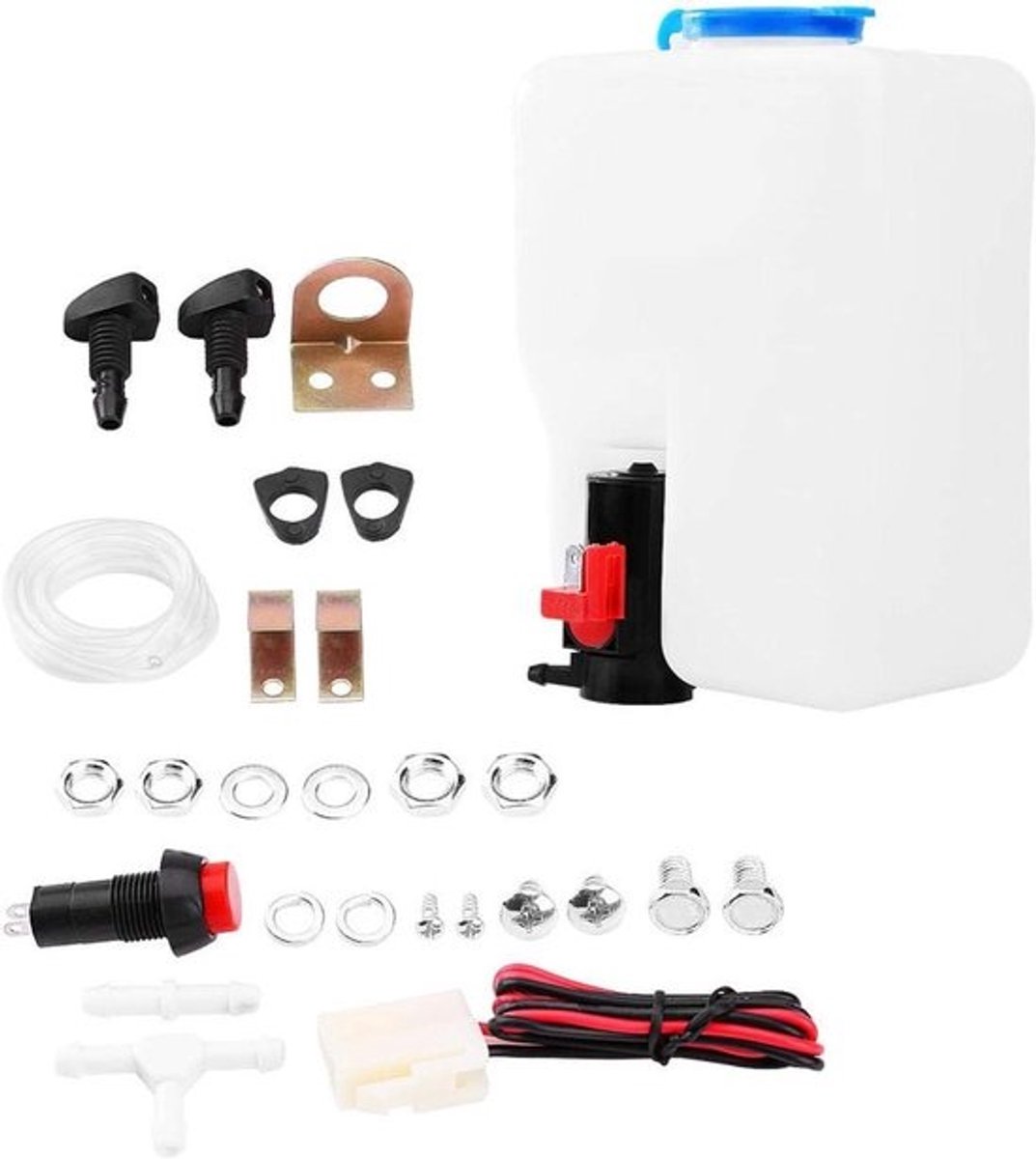 Ruitensproeierfles Kit - Wasvloeistof Reservoir - Voorruit Reinigen - Universeel 12V Systeem - 1.2 Liter - Wit