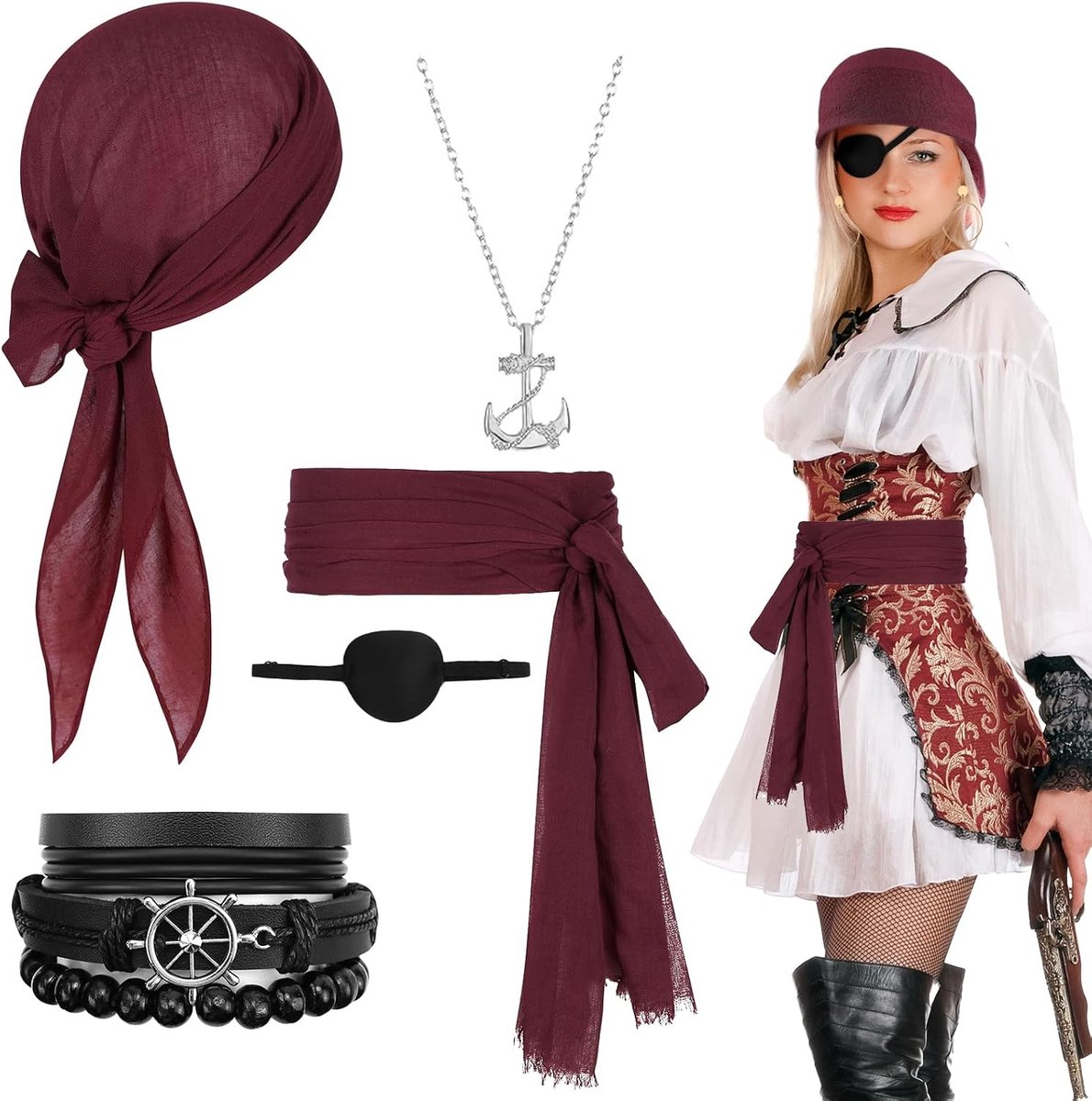 set van 5 piratenkostuum accessoires vrouwen mannen piratenhoed ooglapje