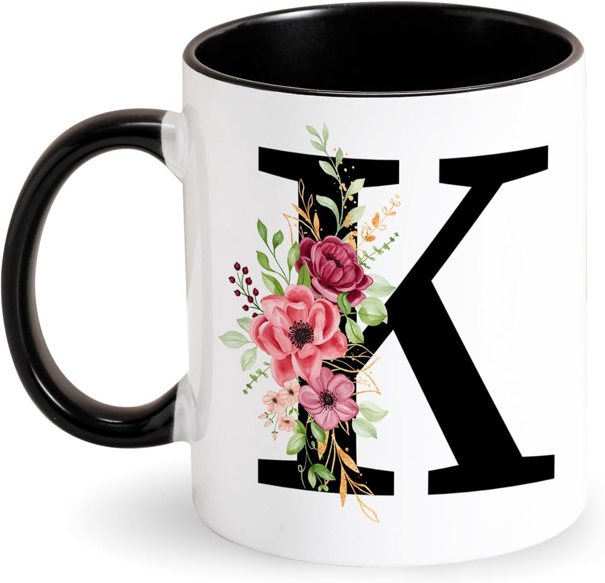 mok letter koffiemok - mok met bloemen initialen keramische mok met beginletter zwart mok geschenken voor dames, vriendin, mama verjaardag Valentijnsdag Moederdag (K)