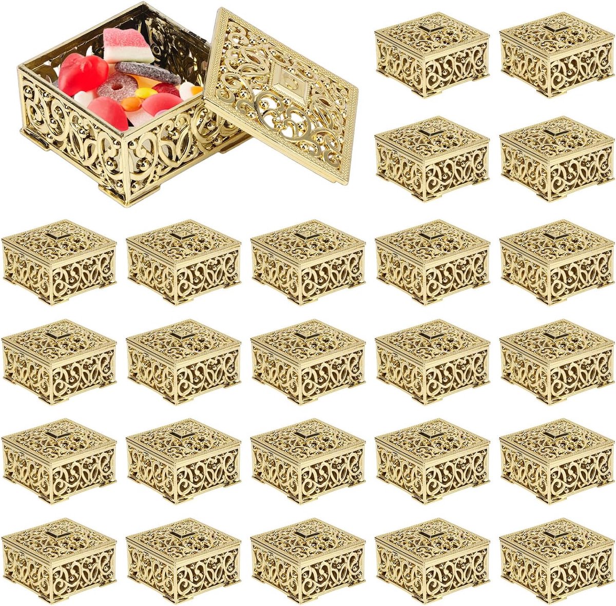 Gunst Dozen, Europese Stijl Mini Hollow Out Snoep Dozen Snoep Opbergdozen Geschenkdozen Bakken Decoratie voor Bruiloft Kerst Verjaardag (Goud*24 Stks)