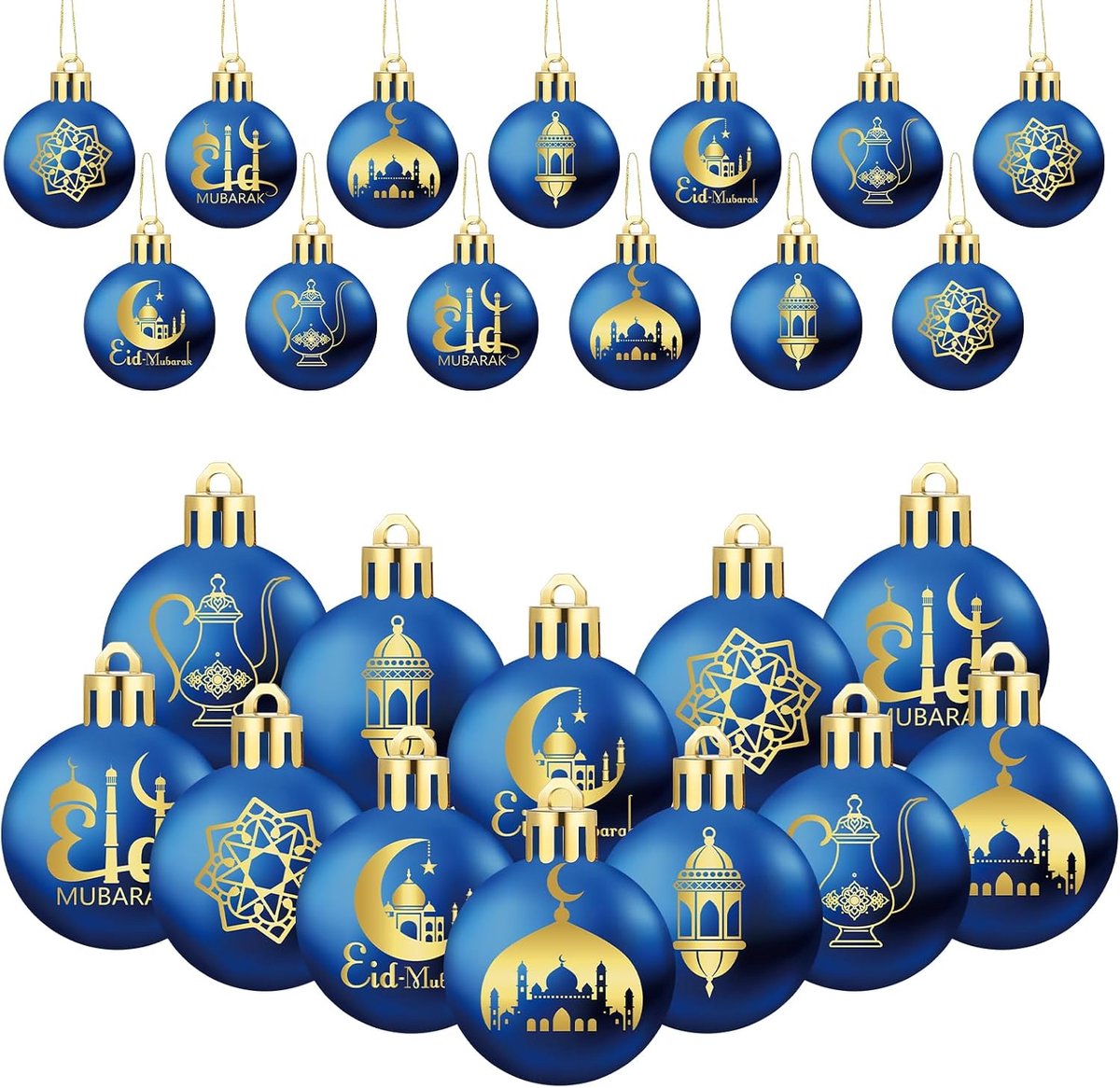 24 Pcs Eid Ball Ornaments for Tree Eid Al Adha Decoration1.57 Inches Plastic Ramadan Hanging Ornaments Islamic Moon Star Ball Ramadan Decor for Holiday Tree Party Decoration(Blue and Gold)