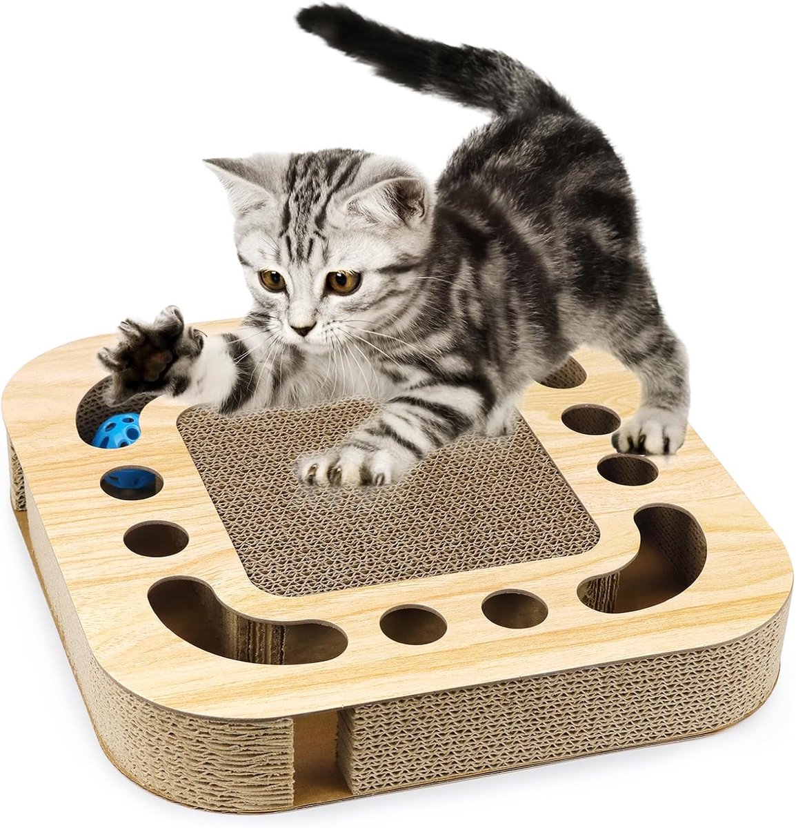Krabplanken voor katten, speelgoed, interactief kattenspeelgoed, krabkarton voor katten, krabplank, karton met 2 belballen, Cat Toys krabmat, kattenkrabplank, 3-in-1 golfkarton, fummelbord