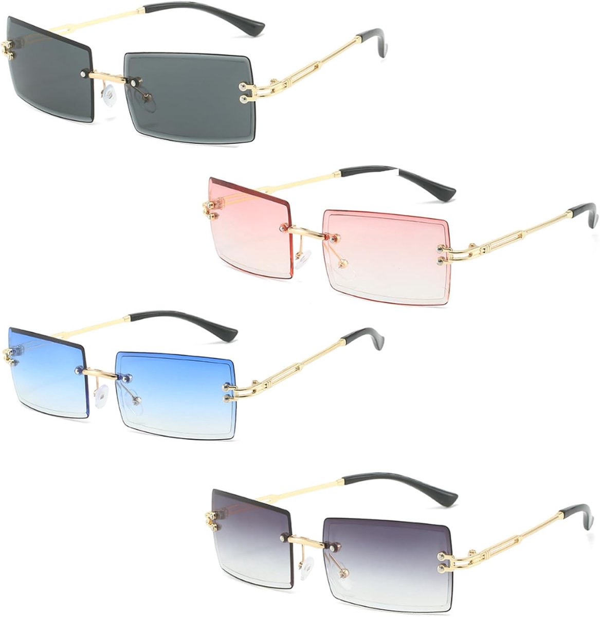 Zonnebril Met Vierkante Doorzichtige Lens, Randloos Ultra-Klein Frame, Retro Stijl voor Mannen, 4 Stuks - Kerstcadeaus