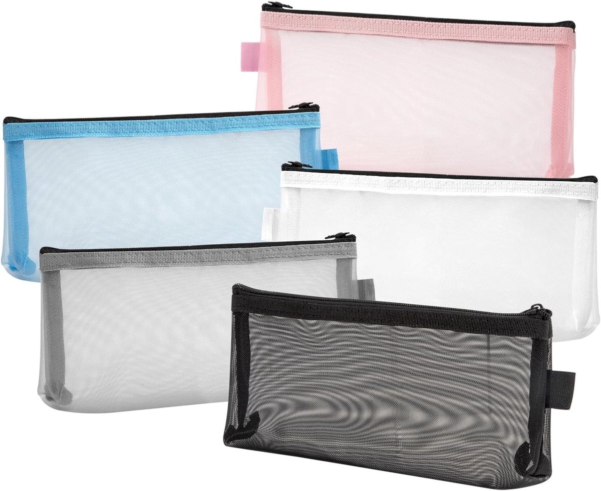 mesh-etui met ritssluiting, make-uptas, pennenetui voor school en kantoor, multifunctionele organizer, opbergzak voor reizen, cosmetica, kantoorbenodigdheden (5 stuks), Multicolor,