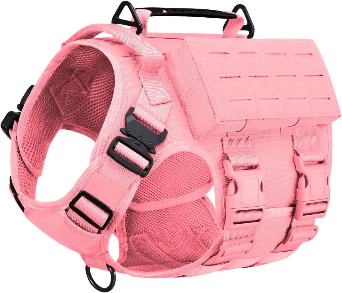 Tactische hondenriem met handvat, 2x metalen gesp, gegoten hondenvest met zak, verstelbare hondenvest riem zonder tractie (Roze, L)