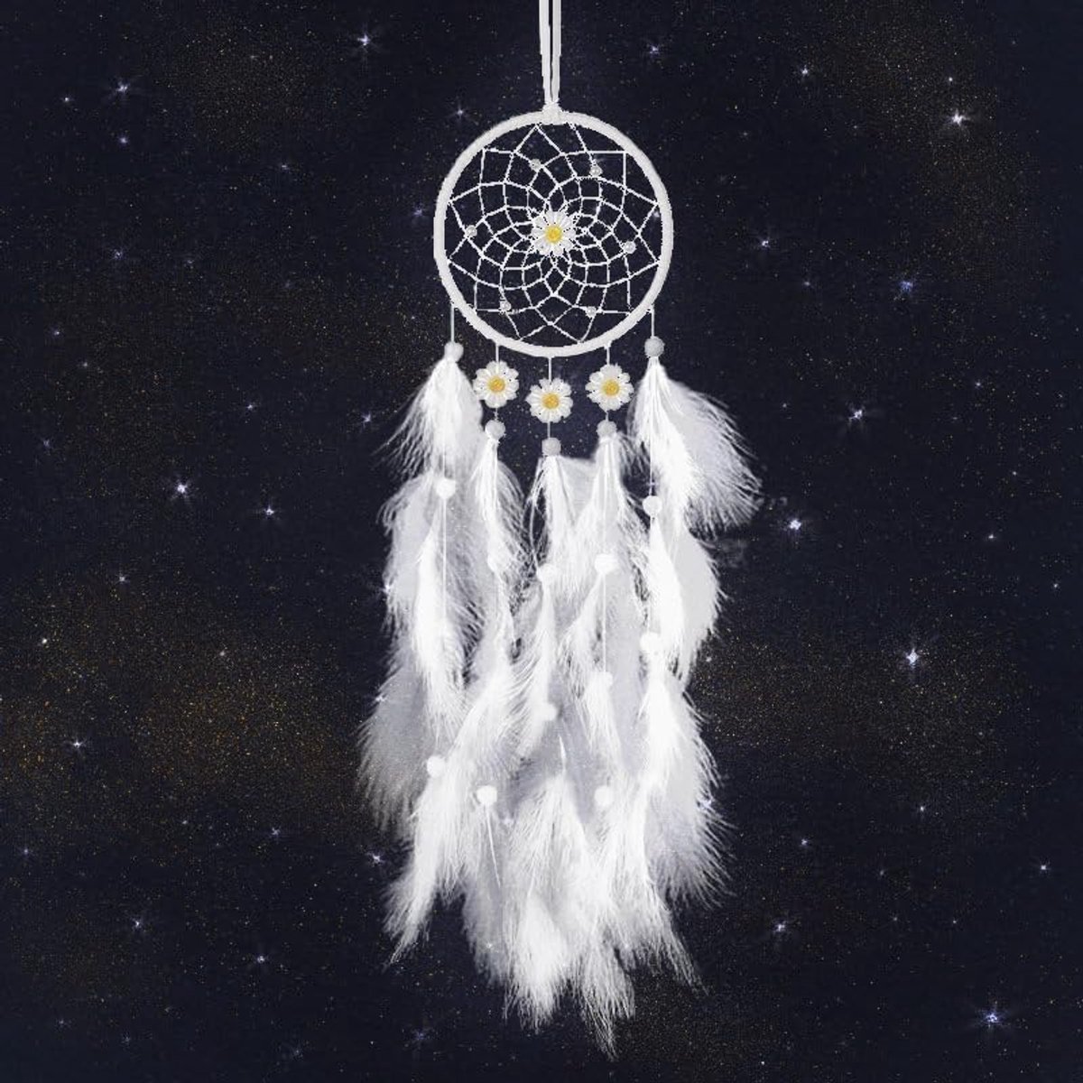 Dromenvanger, handgemaakte witte dromenvanger met madeliefjes, veren en parels, boho-wandbehang, kunstdecoratie voor thuis, kantoor, raam, uniek cadeau voor verjaardag, housewarming, bruiloft