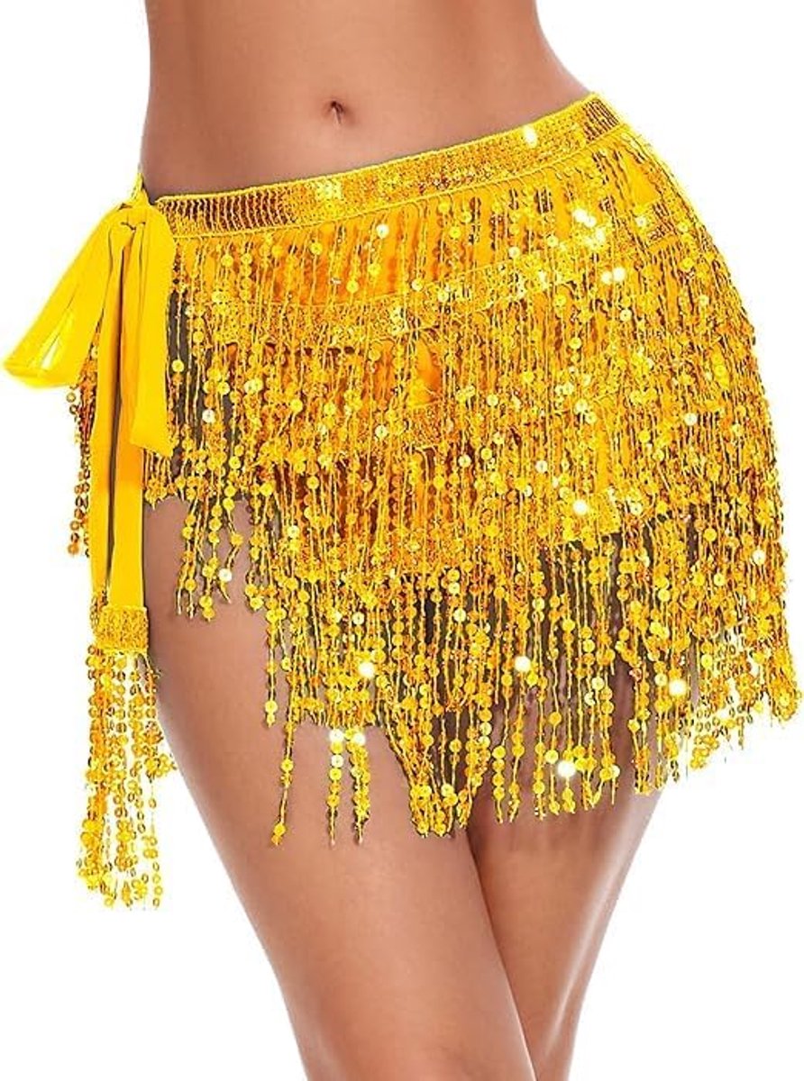 Kwastrok voor dames, buikdansrok, kostuum met pailletten, rok met pailletten, glitterrok, warp pailletten franjerok, goud, 20-23