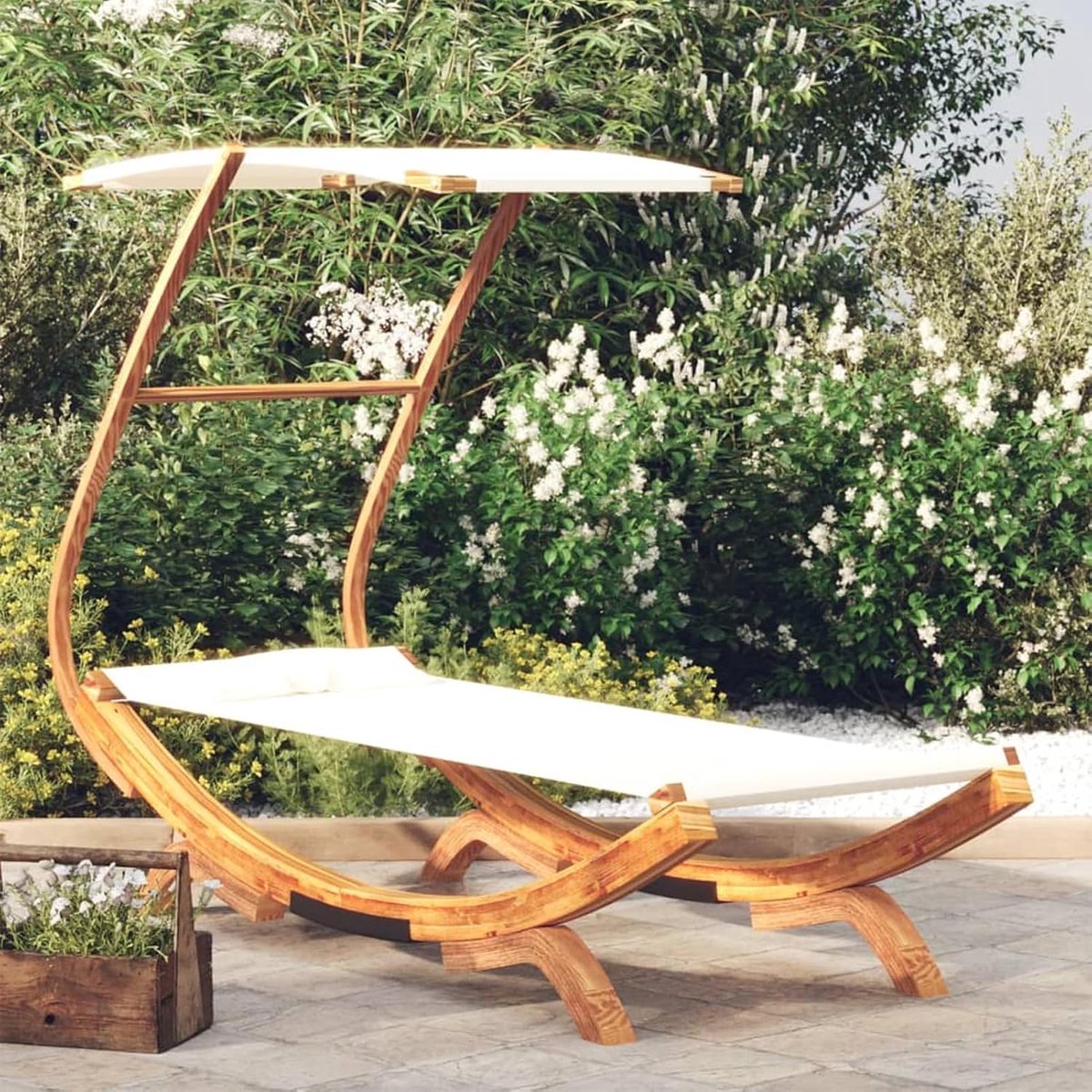 Hangmat met dak, outdoor, katoen, voor tuin, indoor, balkon, terras, camping, 100 x 198 x 150 cm, sparrenhout, massief hout, crème