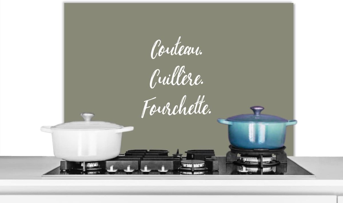 Spatscherm Keuken - 80x55 cm - Chez nous, le bonheur est fait maiso - Quote - Spreuken - Olijfgroen