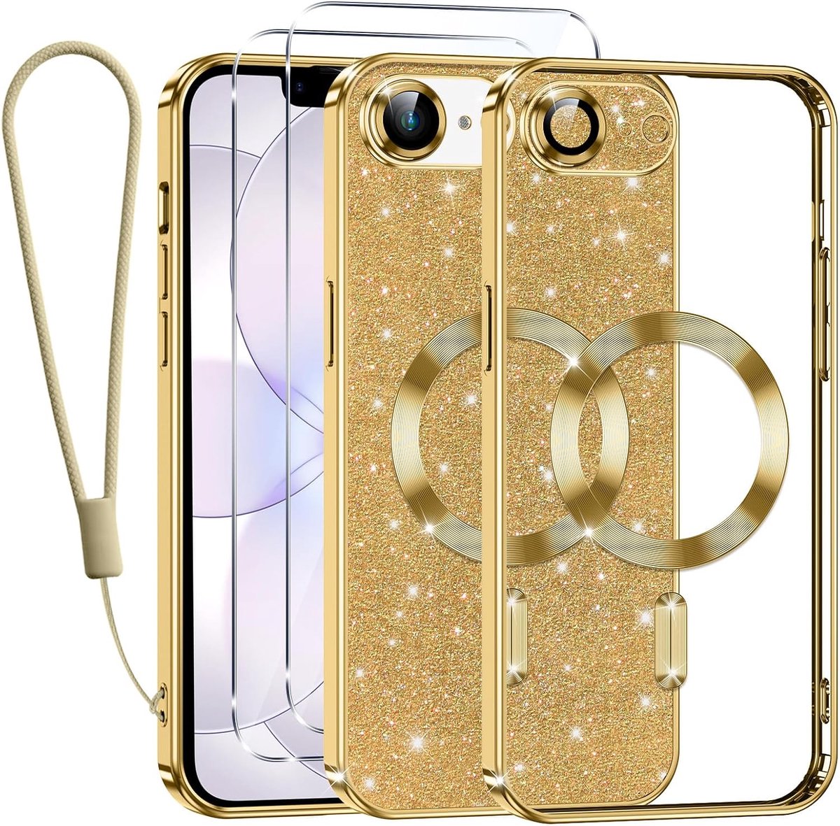Magnetische glitter beschermhoes voor iPhone 17e / iPhone 16e met koord, compatibel met MagSafe, schokbestendig, glanzend, glitter, transparant, zacht, met 2 hoesjes van gehard glas, goud