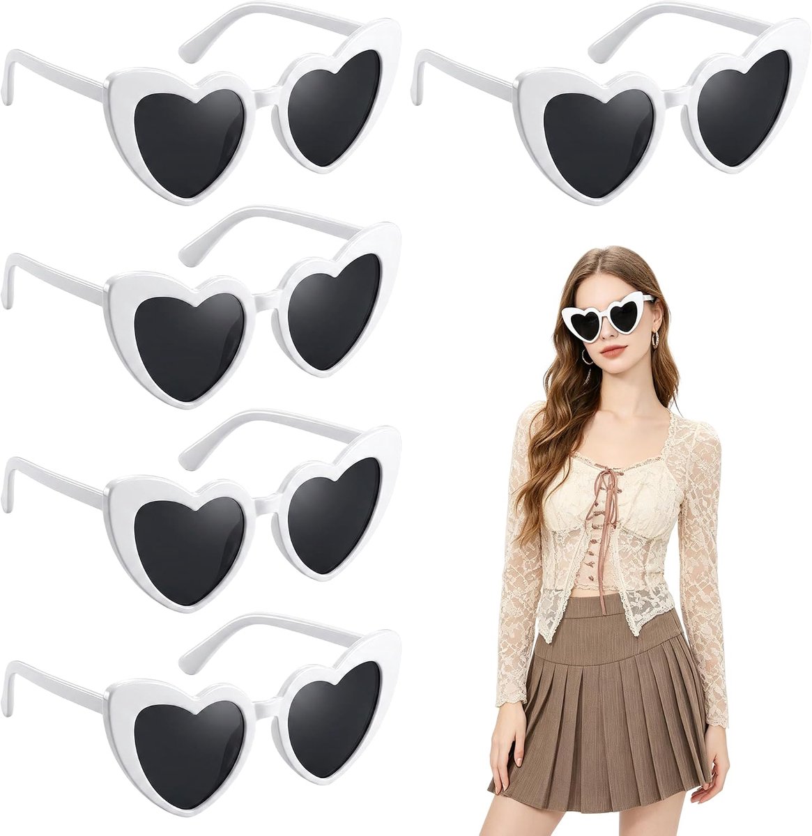 5 stuks retro hartvormige zonnebril, wit, voor feest, carnaval