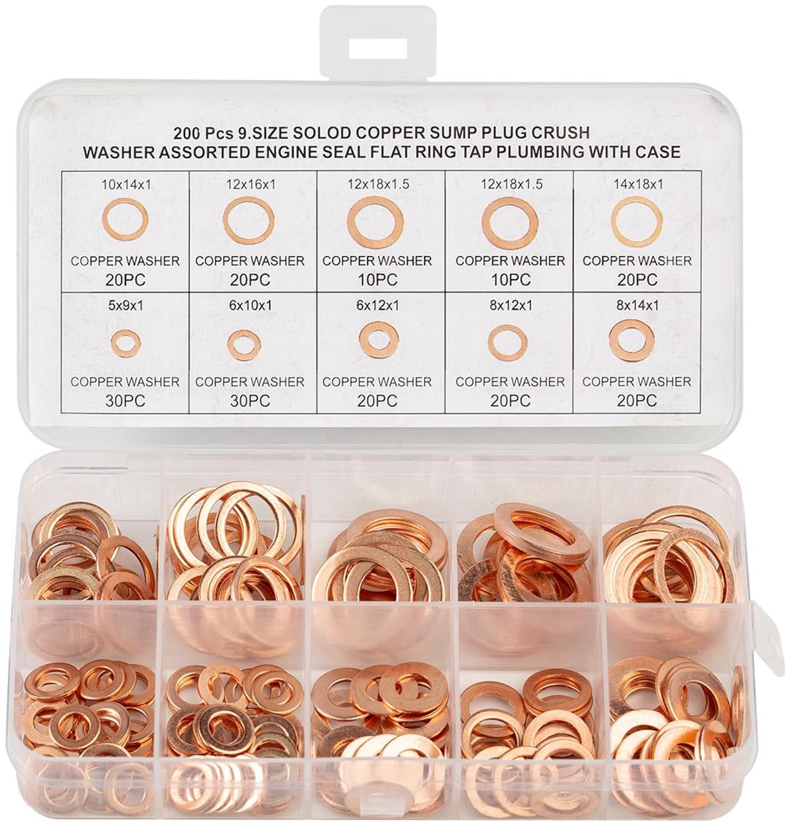 200 stuks sluitringen, 9 maten koperen afdichtringen koper platte dichtingsringen set, koperen afdichtringen assortiment voor schroeven, auto's, schepen, generatoren. (M5 M6 M8 M10 M12