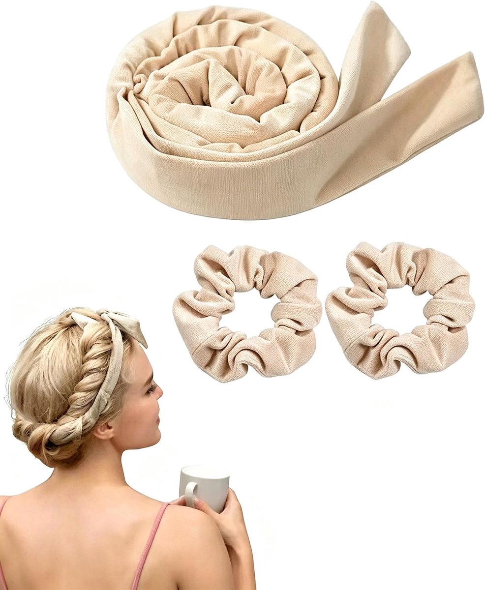 Krulspelden zonder hitte, 3 stuks met zachte band, krulspelden om te slapen, haarband, krulspeldenset voor natuurlijke golven, voor medium en lang haar (beige)