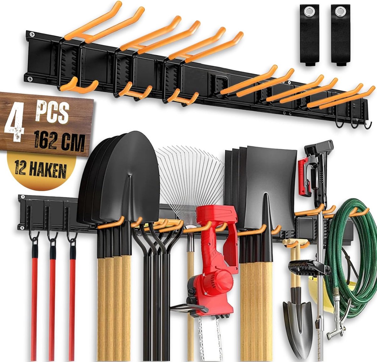 Wandhouder, verstelbare garagehouder met 4 rails, 16 inch, 12 haken, inclusief dubbele haken, helmhaken en lastgordel voor garage, werkplaats, kelder, robuust metalen design