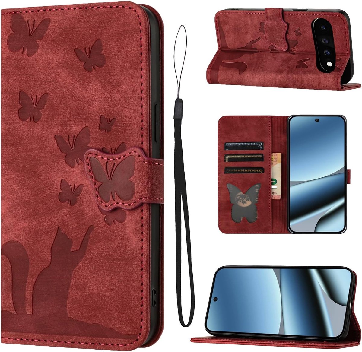 Telefoonhoesje voor Google Pixel 11 Pro XL, PU-leer, met kaartsleuven, beschermhoes, inklapbaar, flip case, standfunctie, rood