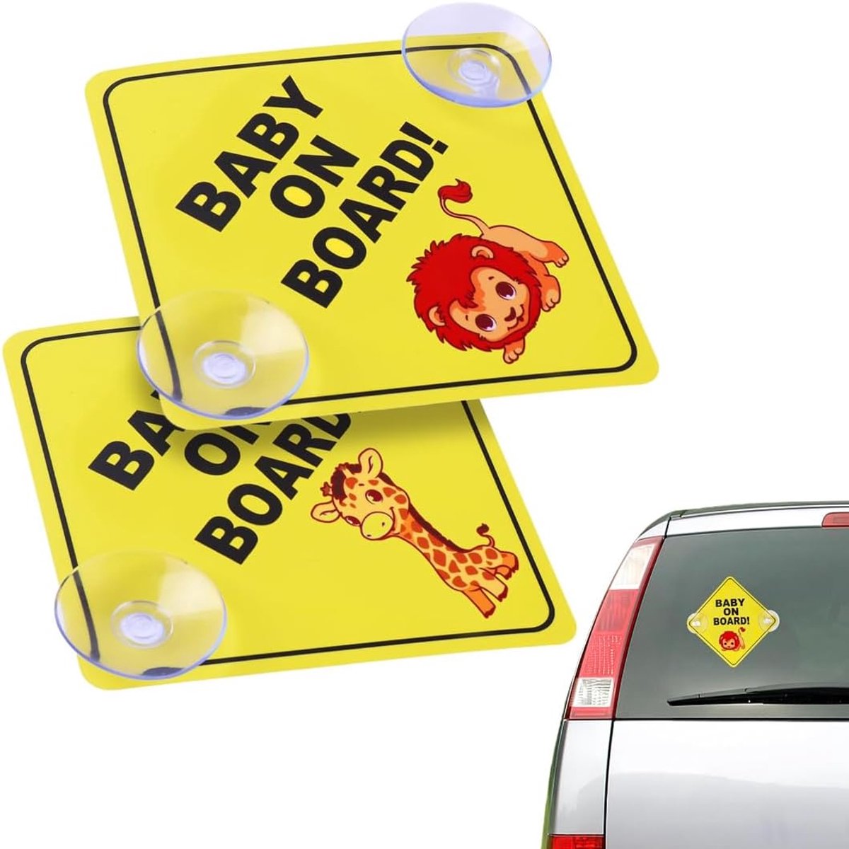 2 x autostickers "Baby an Board" met dubbele zuignap, reflecterend waarschuwingsbord voor kinderen.