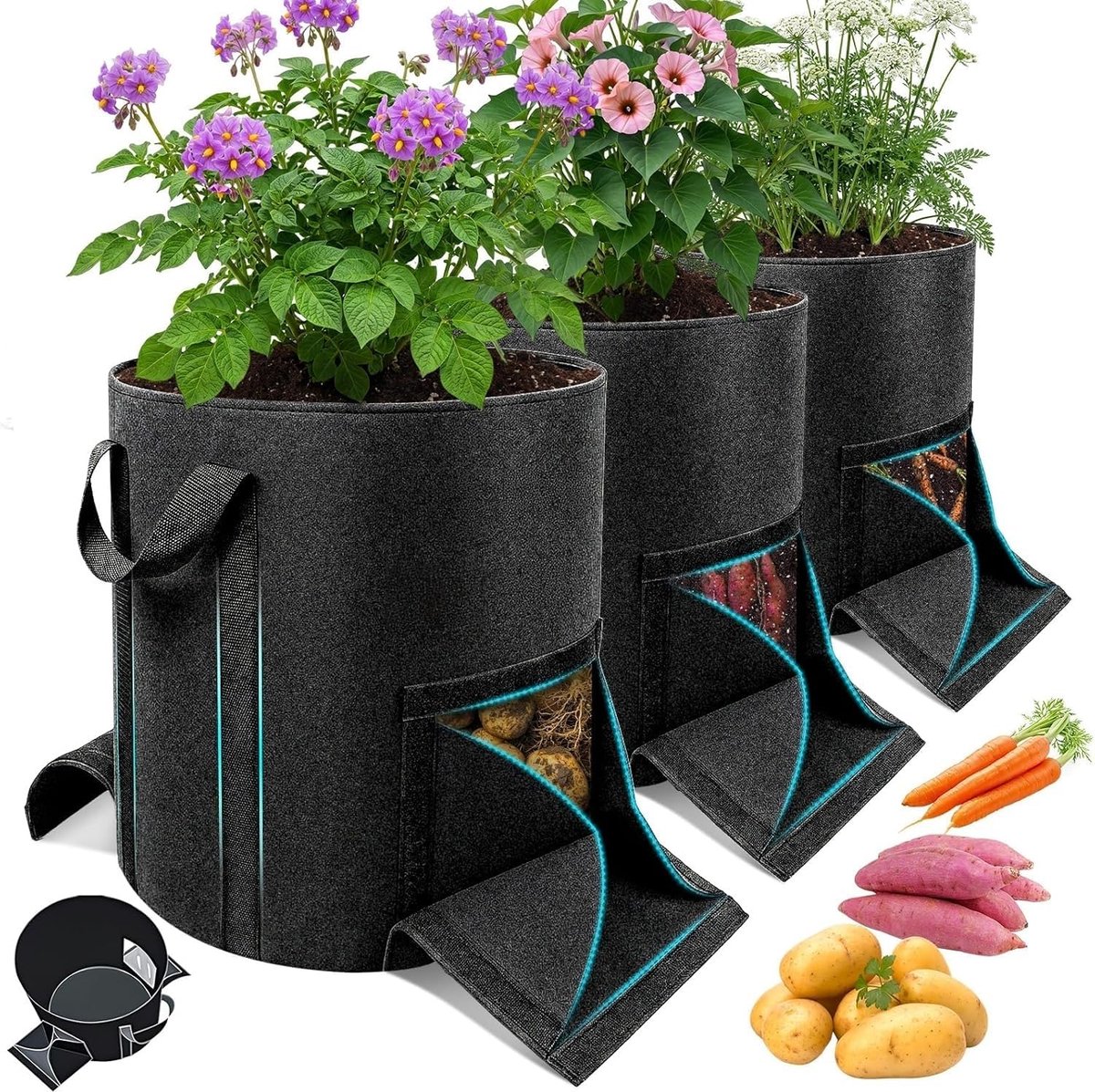 40 liter, set van 3 met oogstvenster, versterkte vlies-plantenpot voor aardappelen, tomaten en groenten