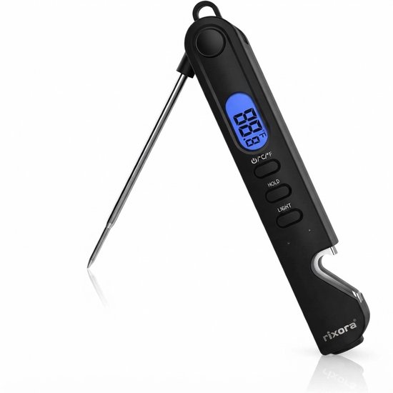 Zwarte digitale vleesthermometer met inklapbare roestvrijstalen sonde en blauw verlicht display. Merk Rixora.
