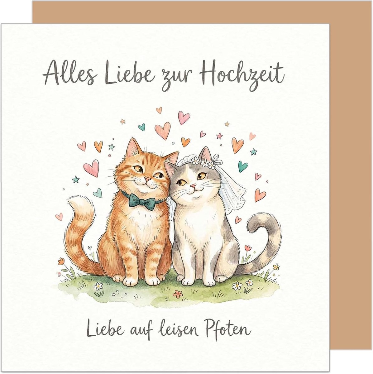 Seidel Premium vierkante wenskaart voor bruiloft met envelop. Bruiloftskaart wenskaart kaart vouwkaart spreuk huwelijk ja woord man & vrouw liefde kattenpaar poten (HQ190 SW026)