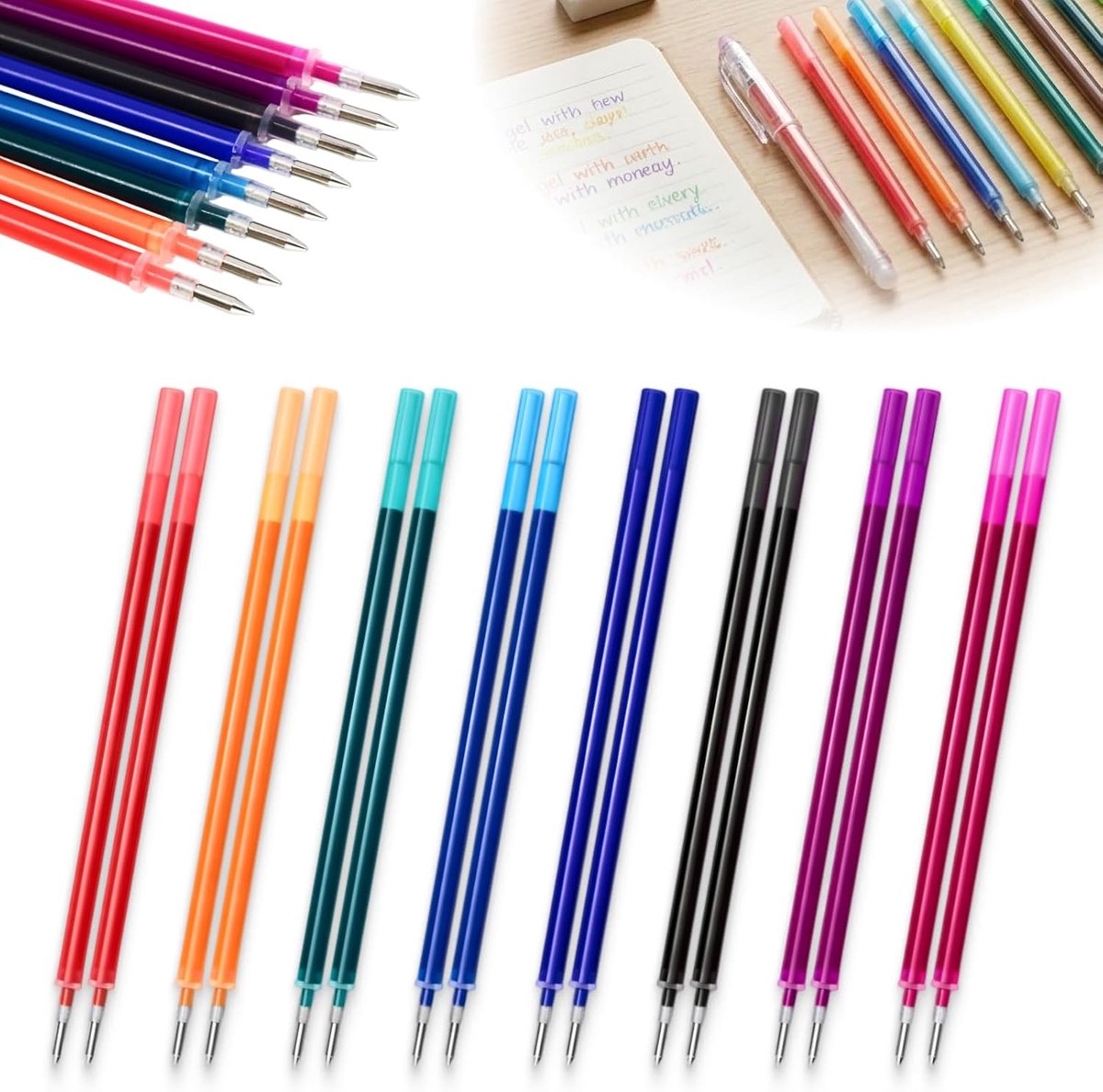 16 kleurrijke vullingen, 2 x 8 kleuren, compatibel met Legami gelstiften, 0,7 mm uitwisbare navullingen, gekleurde gelrollervullingen voor school, kantoor, kinderen, studenten, glad schrijven