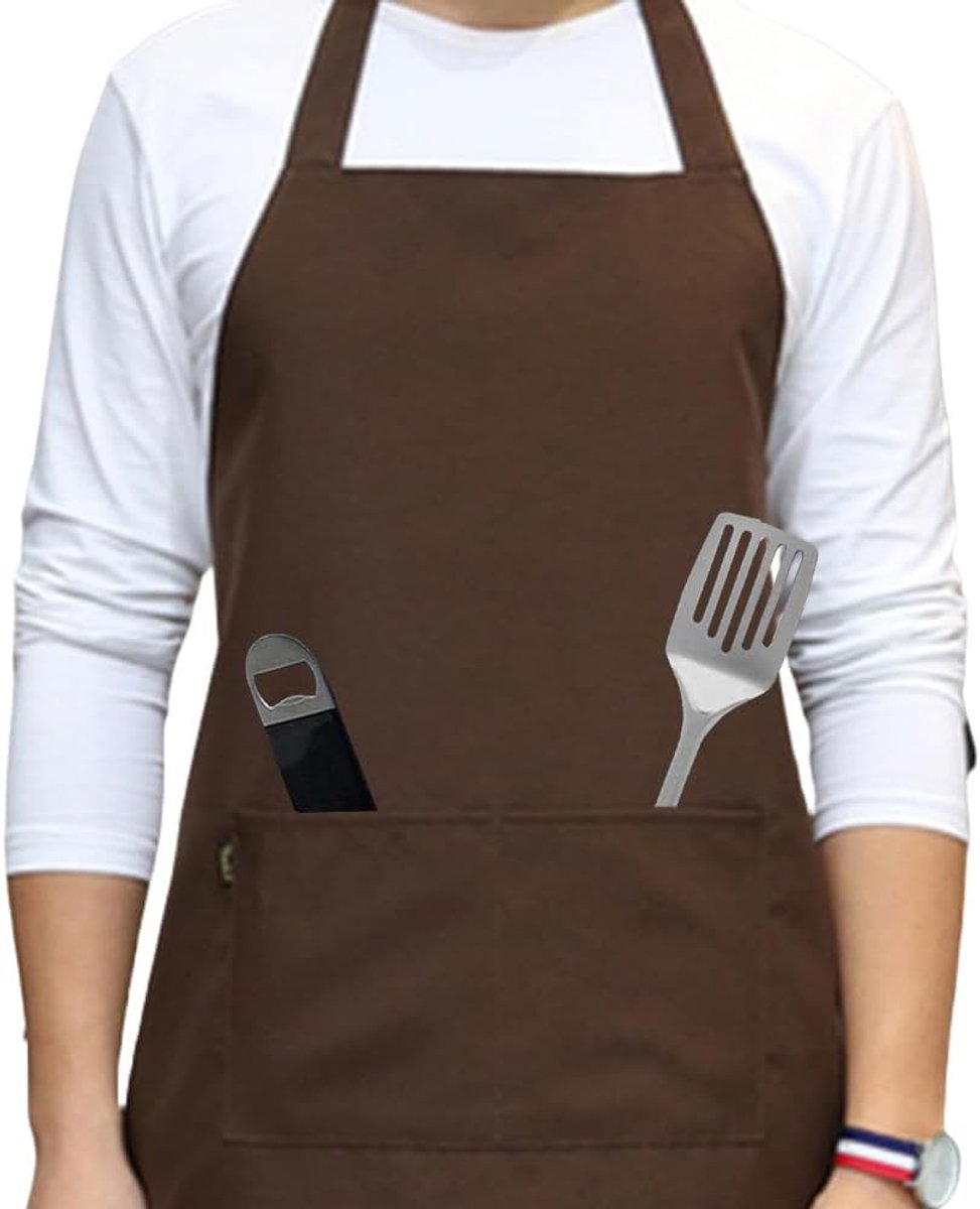 trabag Keukenschort heren met 2 zakken, keukenschort heren met lange banden, kookschort mannen, waterdicht schort, heren en dames barbecueschort, kookschort voor keuken, restaurant, knutselen, bruin