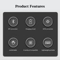 Iconen die productkenmerken weergeven: Bluetooth-verbinding, oplaadcircuit, 10m bereik, comfortabel, compatibel en lichtgewicht.
