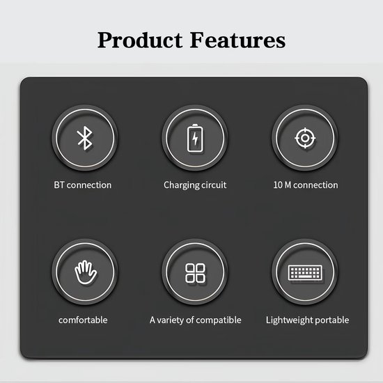 Iconen die productkenmerken weergeven: Bluetooth-verbinding, oplaadcircuit, 10m bereik, comfortabel, compatibel en lichtgewicht.