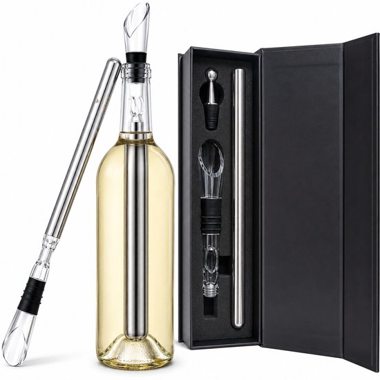 RVS wijnkoeler set met fles, koelstaaf en zwarte geschenkdoos.