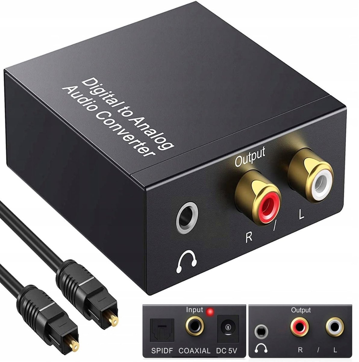 digitaal-analoog-audioconverter, coaxiale cinch-adapter van coaxiale Toslink, digitale audiosignalen SPDIF naar analoge RCA L/R en 3,5 mm jack voor PS3/4 HD DVD Blu-ray Sky HD Home Cinema