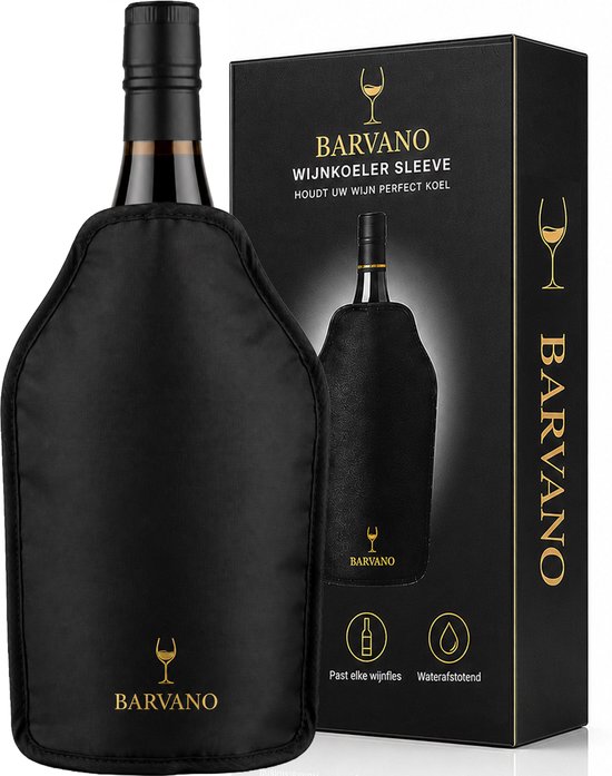 Zwarte Barvano wijnkoeler sleeve voor een fles met bijpassende luxe zwarte geschenkdoos.