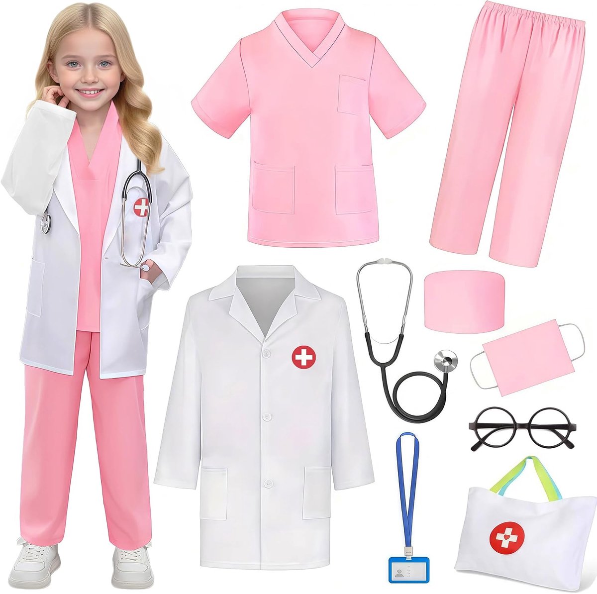 Dokterskostuum voor kinderen, 9 stuks, voor jongens en meisjes, dokterskostuum, outfit met tas, voor Halloween
