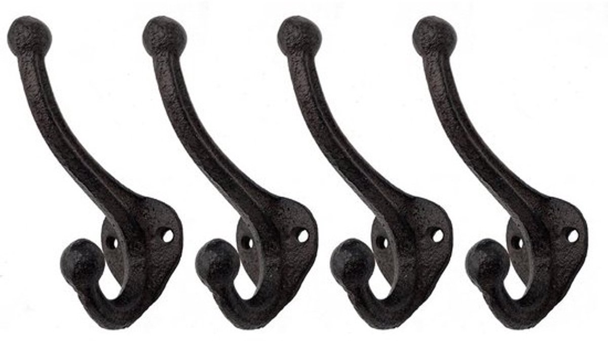 Set van 4 Gietijzeren Dubbele Wandhaken in Antieke Stijl 11 cm Donkerbruin Nostalgisch Landhuis