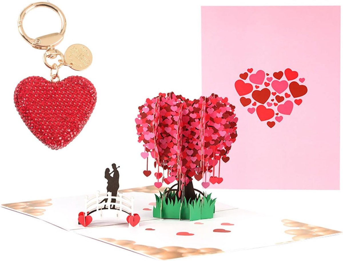 3D pop-up liefdesboom bruiloftskaart en hart sleutelhanger, verjaardagskaart liefde, kaart trouwdag, glitter autosleutelhanger voor dames, cadeau voor bruiloft, jubileum, Valentijnsdag