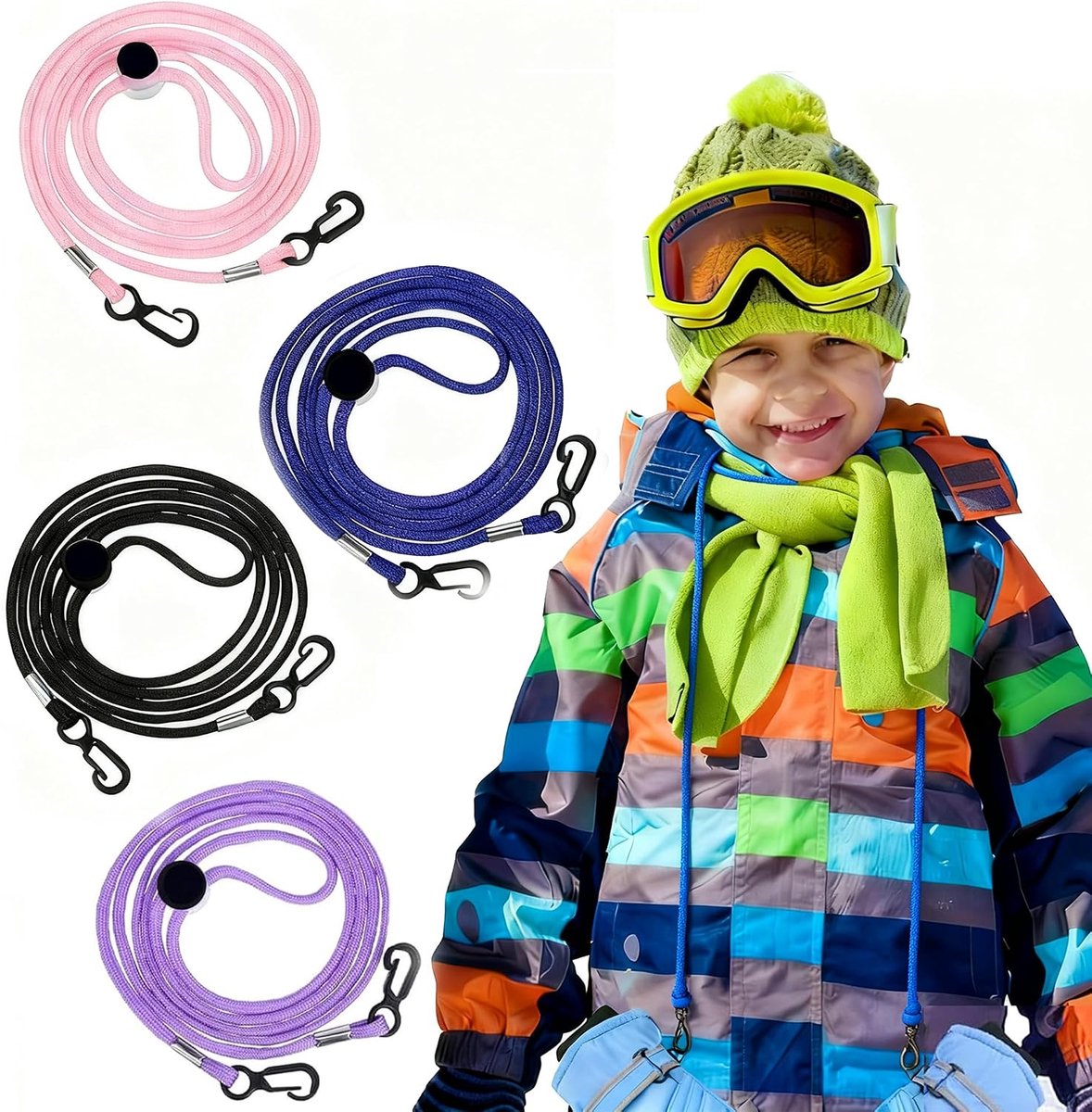 Set van 4 handschoenklemmen voor kinderen, 180 cm, verstelbaar, anti-verlies, anti-verlies riem voor handschoenen voor de winter, voor volwassenen en kinderen