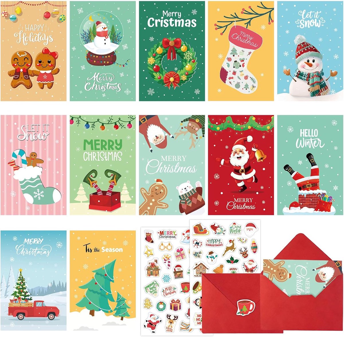 Set van 12 Kerstkaarten met Enveloppen & 58 Kleine Stickers – 4x6" Gevouwen Kaarten met Gedrukte Boodschap en Ruimte om te Schrijven, Leuke Feestelijke Ontwerpen voor Familie, Vrienden & Cadeaus