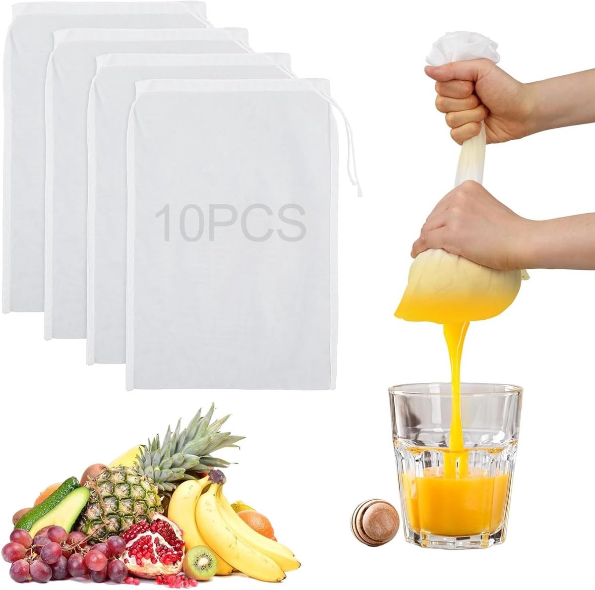 10 stuks filterzakken voor levensmiddelen, 20 × 30 cm, zak van nylonweefsel, herbruikbaar en wasbaar, ideaal als katoenen zeef voor het afdruipen van kaas, tofu, sappen en levensmiddelen